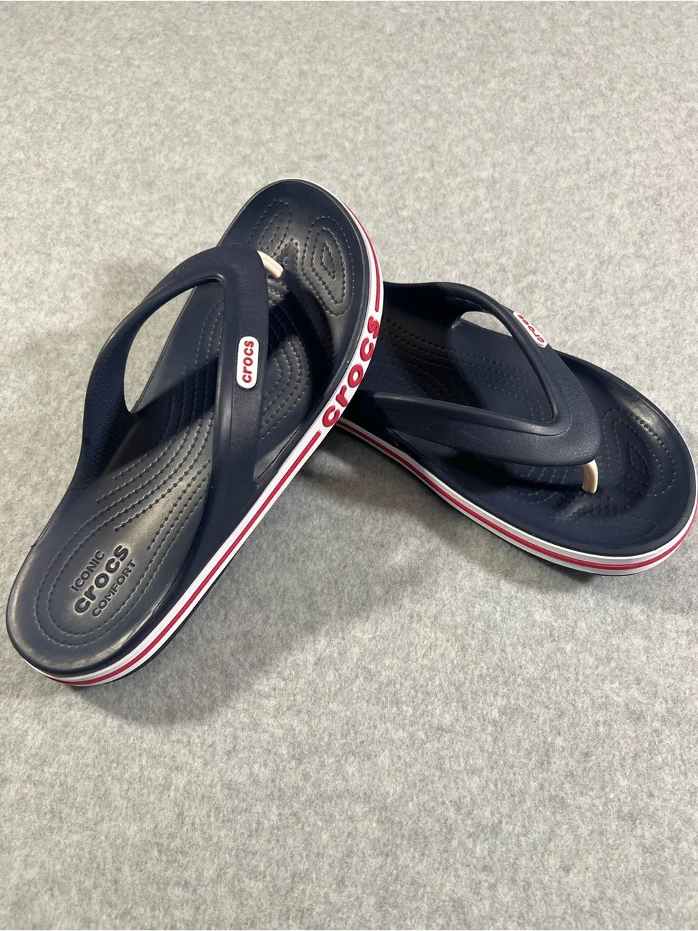 CROCS Men’s Navy Flip-Flop Sandals with Red & White Trim